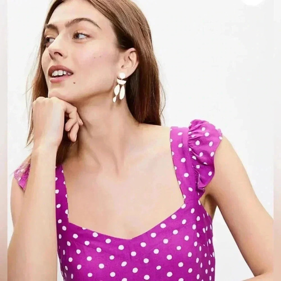 Loft Magenta dot ruffle sleeve slit dress 4 - Picture 1 of 5
